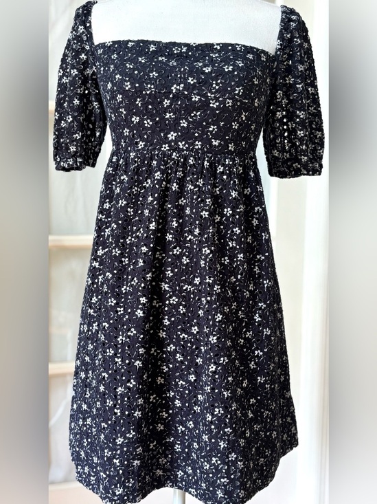 Maeve Dresses & Skirts - Anthro Maeve Black Floral Eyelet Babydoll Dress Puff Sleeve Cottagecore M